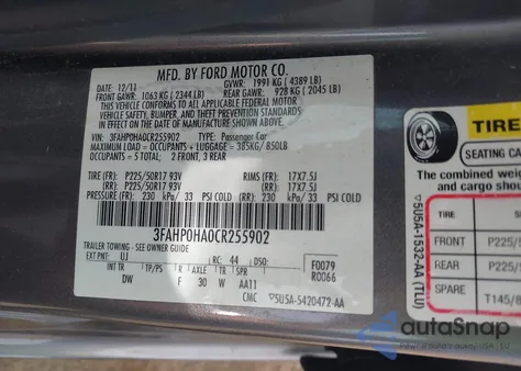 2012 Ford Fusion Se из США, поврежденный, VIN 3FAHP0HA0CR255902